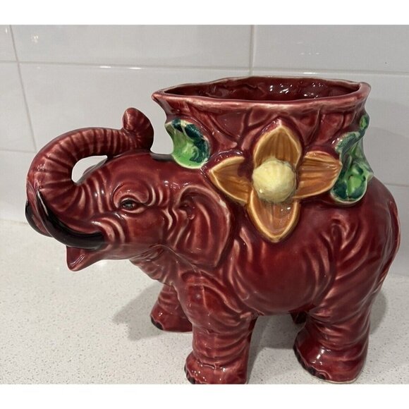 Unique Vintage Other - Vintage Ceramic Large Elephant Planter Colorful Made in Japan Pottery Burgundy